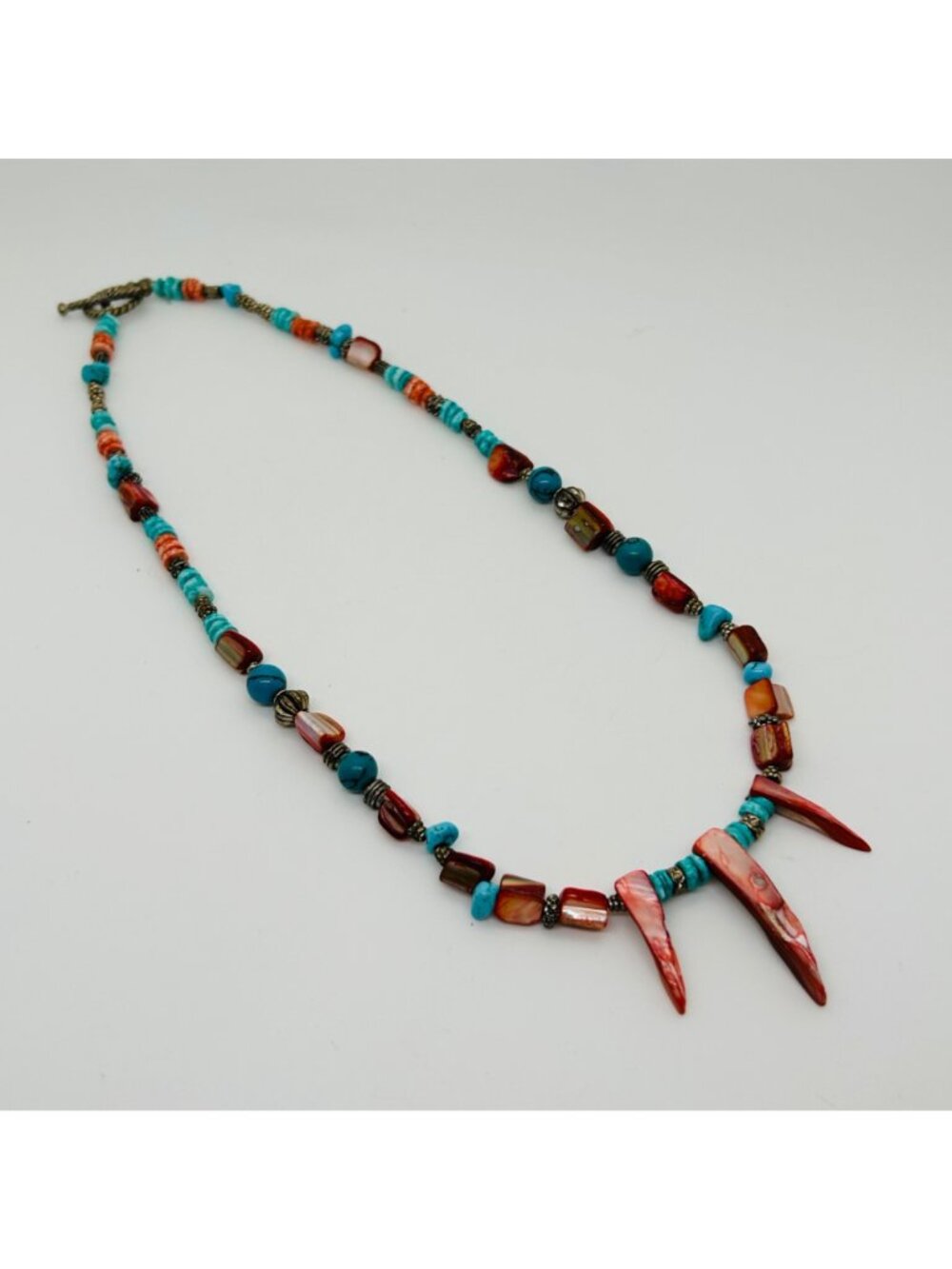 Southwestern Red Spiny Oyster & Turquoise Color Stone Shell Spike Toggle Vintage - Picture 12 of 12